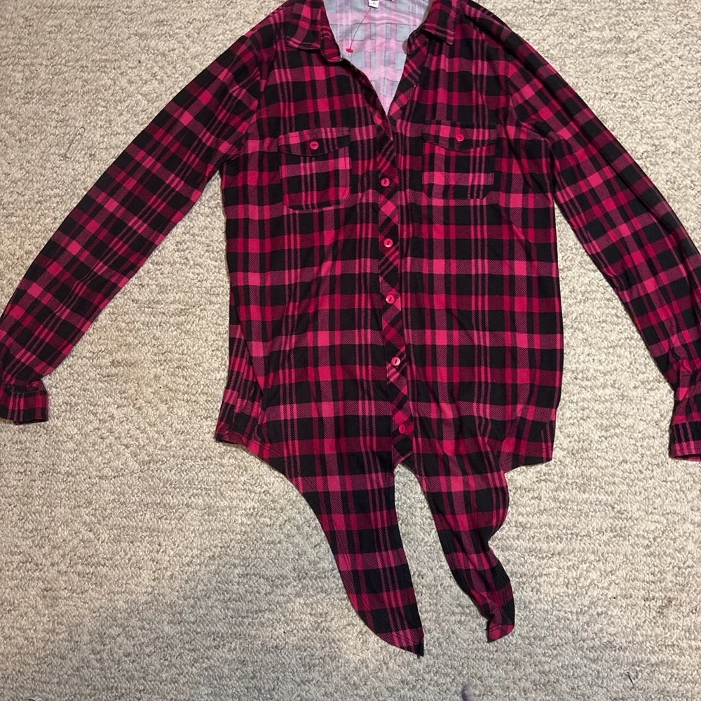 My Style Plaid Button-Up Shirt - Dark Pink and Black - Picture 3 of 13